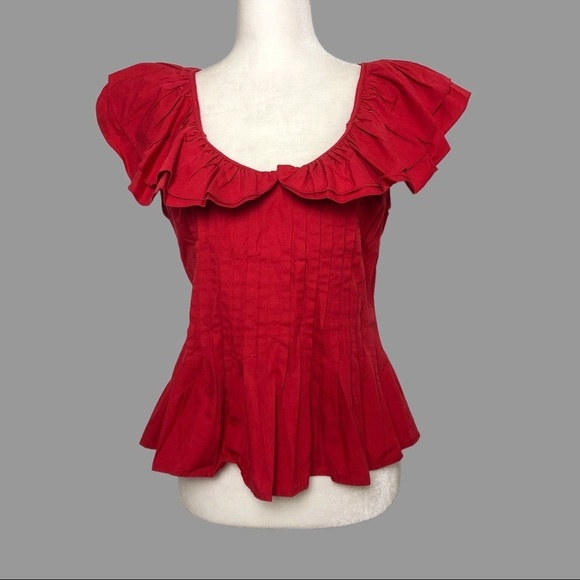 💛 SP 💛 NWT Anthro Blouse Red Pintucked Fitted Ruffled Bib Valentine - Picture 1 of 8